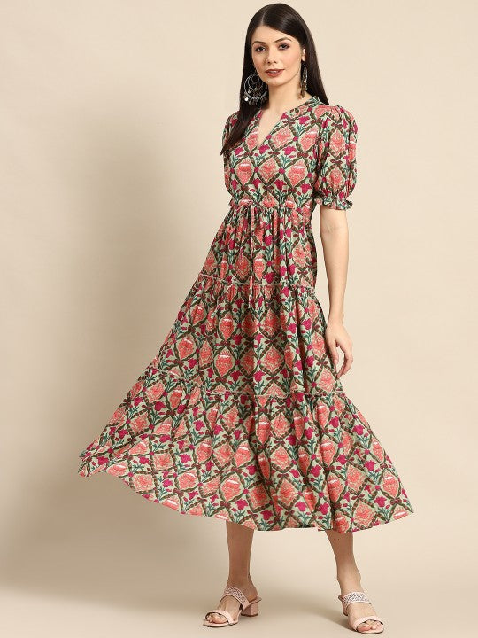 Women Indian Floral Printed Puff Sleeves Fit & Flare Tiered Ethnic Dress
