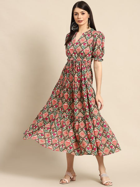 Women Indian Floral Printed Puff Sleeves Fit & Flare Tiered Ethnic Dress