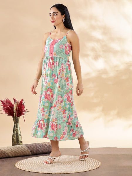 Women Indian Floral Printed Fit & Flare Maxi Ethnic Dress