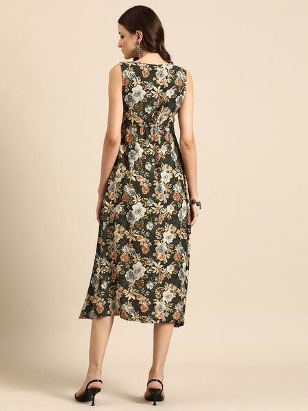 Women Indian Floral Printed Fit & Flare Midi Ethnic Indo Western Fusion Dress