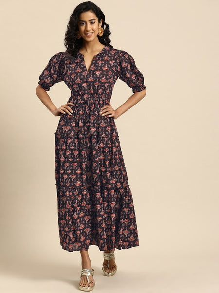 Women Indian Floral Printed Puff Sleeves Maxi Ethnic Dress