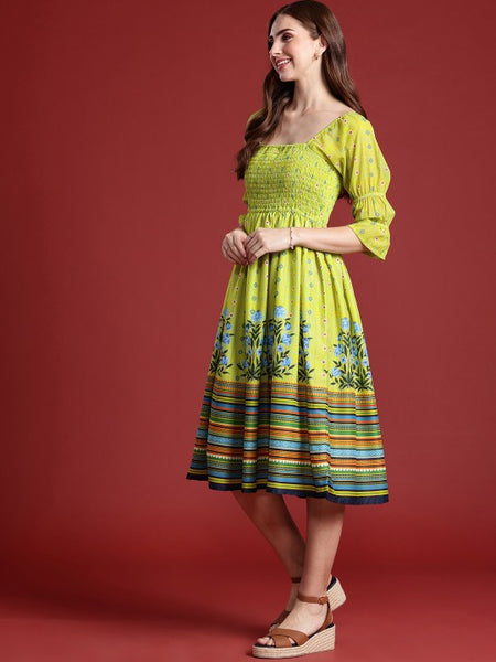 Women Indian Floral Printed Fit & Flared Smocked Indo Western Fusion Dress