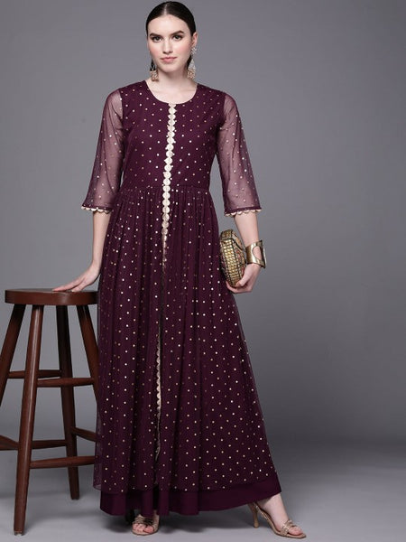 Women Indian Burgundy Polka Dots Fit & Flare Maxi Ethnic Dress