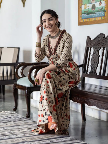 Women Floral Printed Beige & Orange A-Line Ethnic Dress