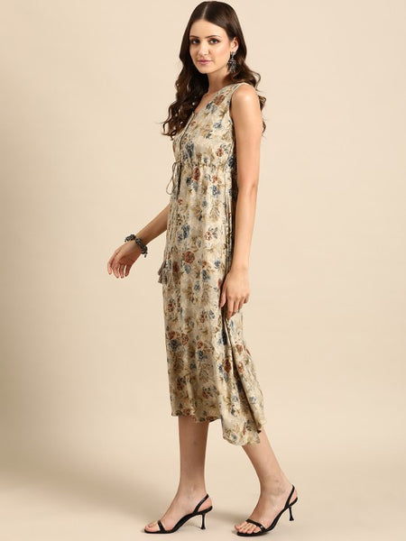 Women Indian Floral Printed Fit & Flare Midi Ethnic Indo Western Fusion Dress