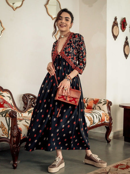 Women Floral Printed Black & Orange A-Line Ethnic Dress
