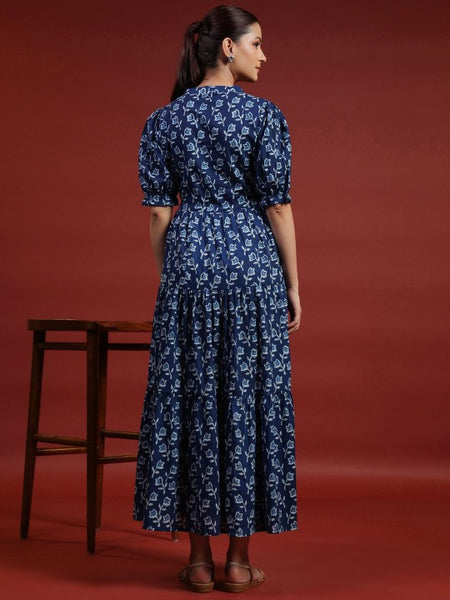 Women Indian Floral Printed Puff Sleeves Fit & Flare Ethnic Dress