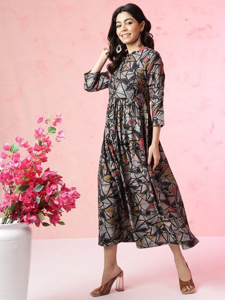 fit and flare ethnic dress Green & Gold Floral Fit & Flare Ethnic Dress Sequined & Stylish