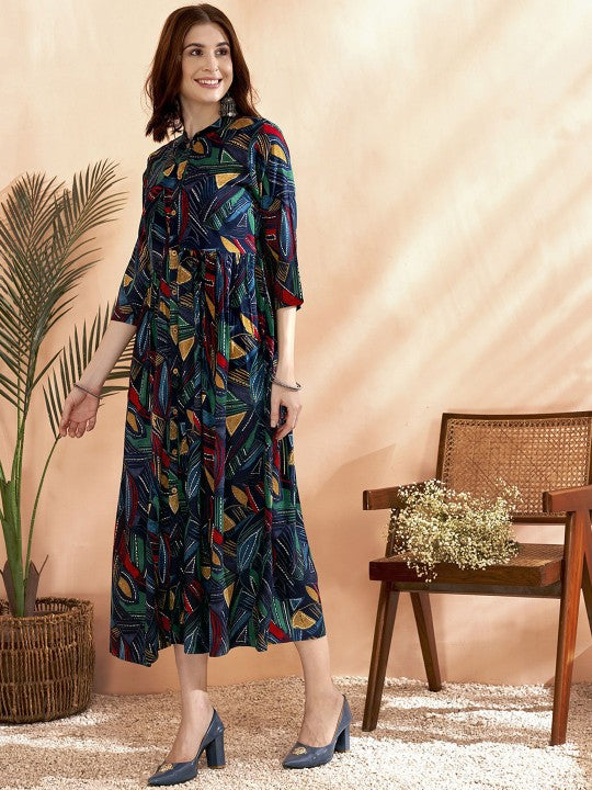 a line ethnic dress for women Women Ethnic Dress Floral Print Loose Round Neck Long Dress A-line Vintage