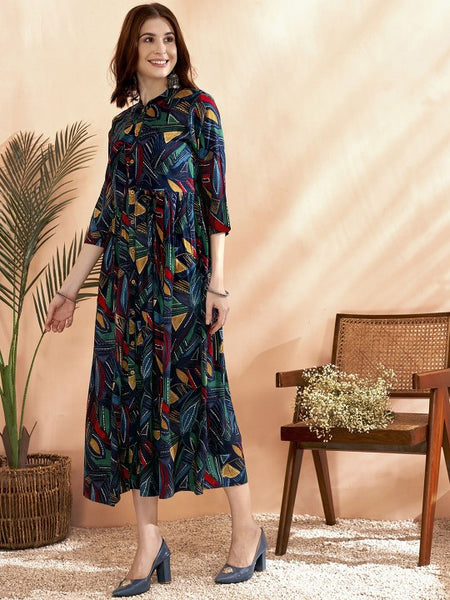 Women Indian Navy Blue Abstract Printed A-Line Ethnic Dresses
