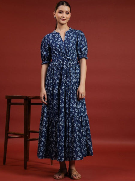 Women Indian Floral Printed Puff Sleeves Fit & Flare Ethnic Dress