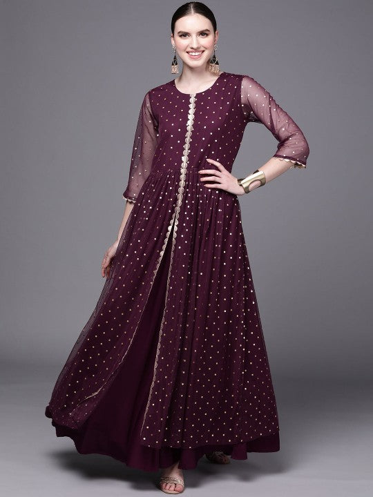 Women Indian Burgundy Polka Dots Fit & Flare Maxi Ethnic Dress
