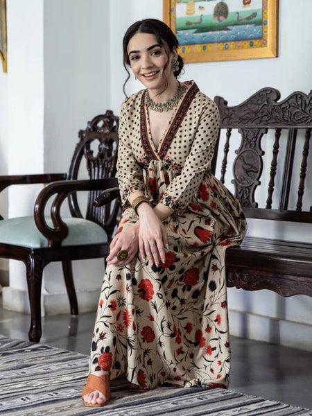 Women Floral Printed Beige & Orange A-Line Ethnic Dress