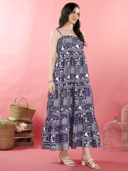 chinese dress ladies Women Abstract Print Shoulder Straps Sleeveless Layered Indian Maxi Dress L / Blue