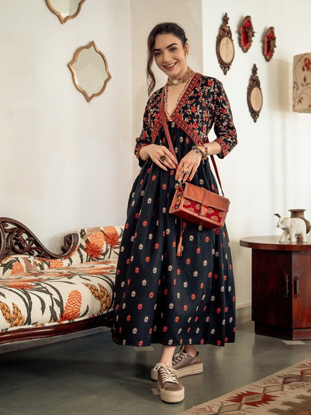 Women Floral Printed Black & Orange A-Line Ethnic Dress