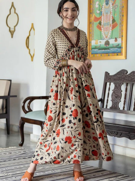 Women Floral Printed Beige & Orange A-Line Ethnic Dress