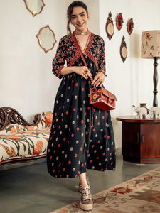 Women Floral Printed Black & Orange A-Line Ethnic Dress