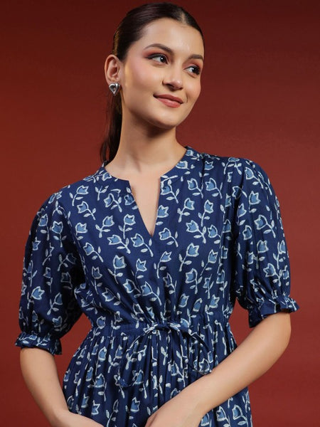 Women Indian Floral Printed Puff Sleeves Fit & Flare Ethnic Dress
