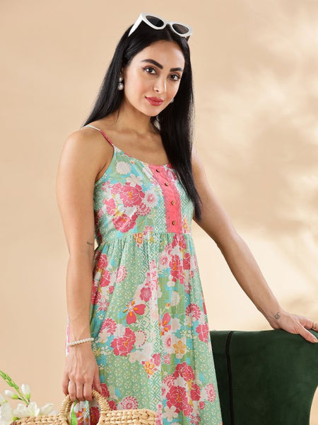 Women Indian Floral Printed Fit & Flare Maxi Ethnic Dress