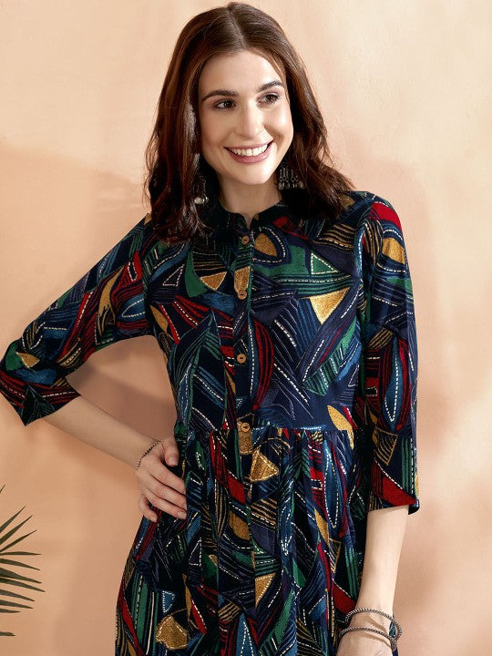Women Indian Navy Blue Abstract Printed A-Line Ethnic Dresses L / Navy