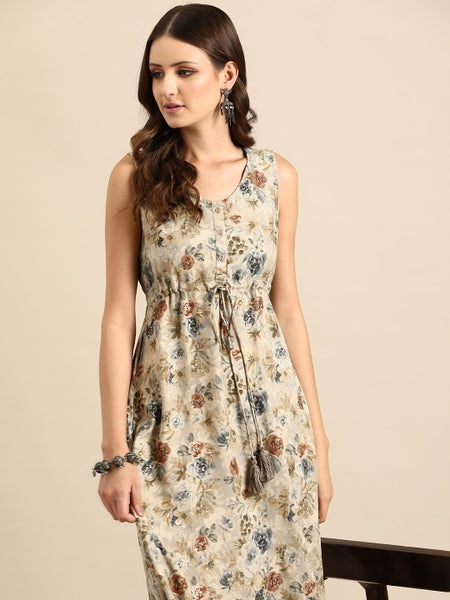Women Indian Floral Printed Fit & Flare Midi Ethnic Indo Western Fusion Dress