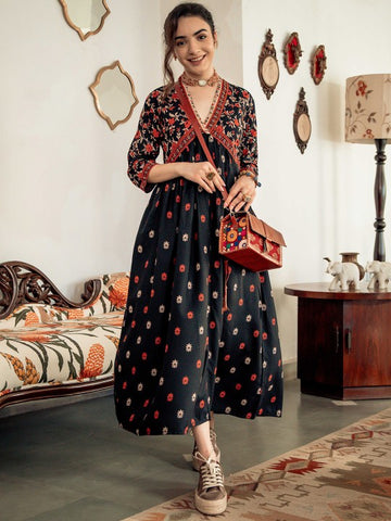 Women Floral Printed Black & Orange A-Line Ethnic Dress