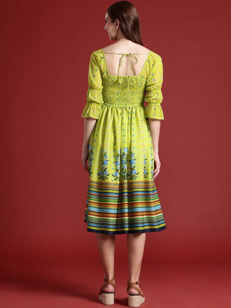 Women Indian Floral Printed Fit & Flared Smocked Indo Western Fusion Dress