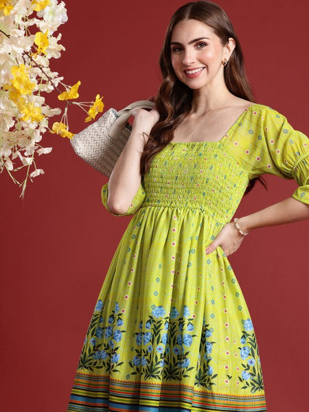 Women Indian Floral Printed Fit & Flared Smocked Indo Western Fusion Dress