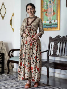 Women Floral Printed Beige & Orange A-Line Ethnic Dress