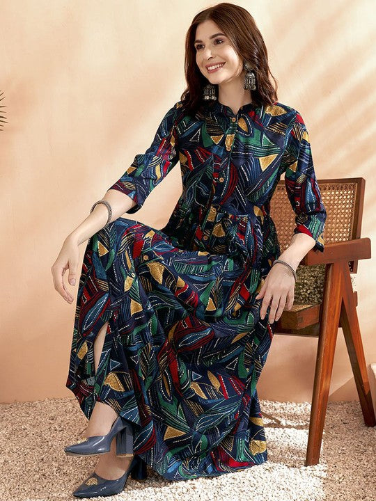 Women Indian Navy Blue Abstract Printed A-Line Ethnic Dresses L / Navy
