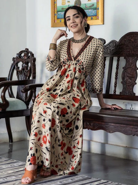 Women Floral Printed Beige & Orange A-Line Ethnic Dress