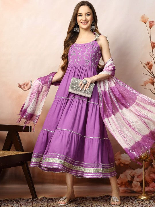 Women Embroidered Indian Maxi Ethnic Dress With Dupatta Indian Fusion Outfit