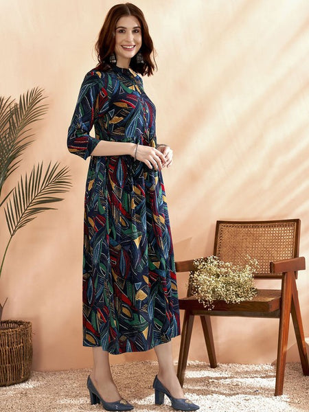 Women Indian Navy Blue Abstract Printed A-Line Ethnic Dresses