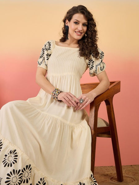 Women Indian Floral Printed Fit & Flare Tiered Maxi Dress