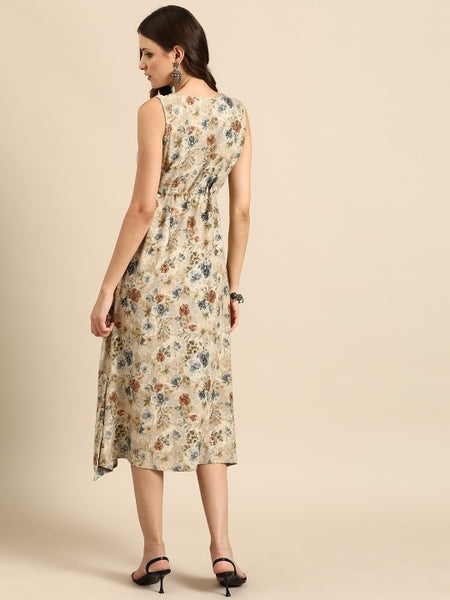 Women Indian Floral Printed Fit & Flare Midi Ethnic Indo Western Fusion Dress