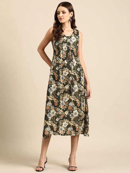 Women Indian Floral Printed Fit & Flare Midi Ethnic Indo Western Fusion Dress