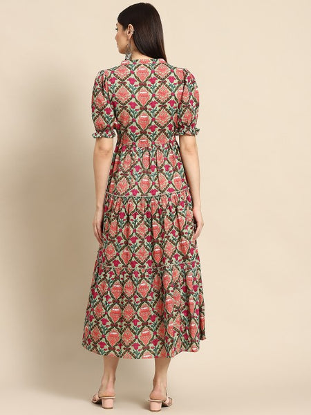 Women Indian Floral Printed Puff Sleeves Fit & Flare Tiered Ethnic Dress