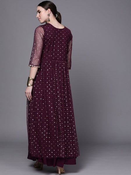 Women Indian Burgundy Polka Dots Fit & Flare Maxi Ethnic Dress