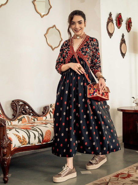 Women Floral Printed Black & Orange A-Line Ethnic Dress