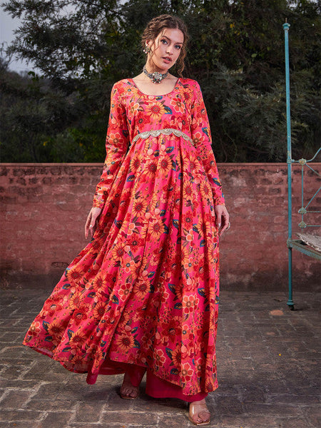 Floral Printed Empire Sequinned Anarkali Kurta Dress For Women VitansEthnics