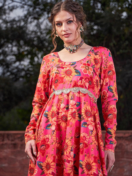 Floral Printed Empire Sequinned Anarkali Kurta Dress For Women VitansEthnics