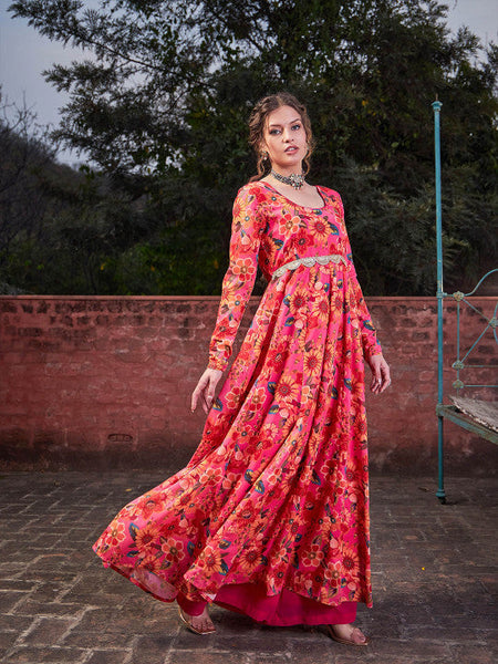 Floral Printed Empire Sequinned Anarkali Kurta Dress For Women VitansEthnics