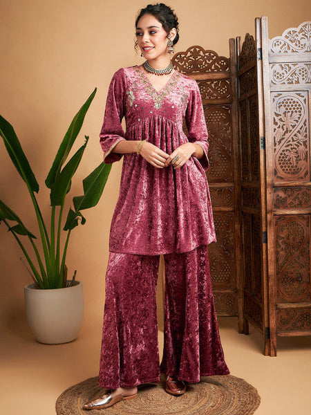 Women Embroidered V-Neck Tunic With Palazzos Set VitansEthnics