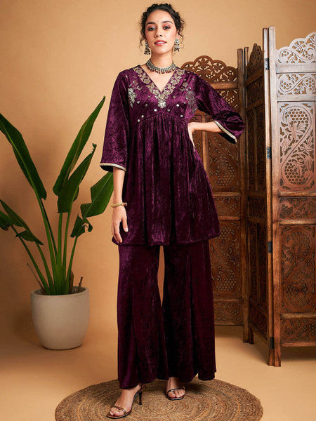 Women Embroidered Anarkali Kurti With Palazzo Set VitansEthnics