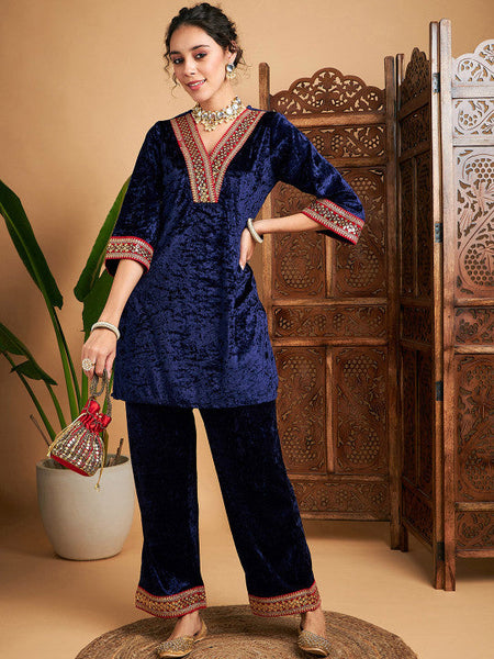 Women Ethnic Motifs V-Neck Regular Thread Work Velvet Kurti With Trousers Set VitansEthnics