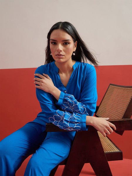 Women Indigo Embroidered Tunic with Trousers Co-ords Set VitansEthnics