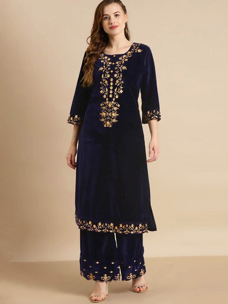 Women Floral Embroidered Round Neck Thread Work Velvet Kurta With Palazzo Set VitansEthnics