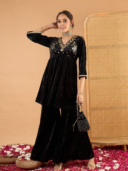 Women Ethnic Motifs Embroidered Tiered Mirror Work Kurti with Palazzos VitansEthnics