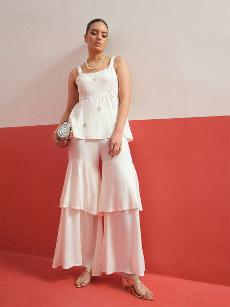 Women White Shadow Work Embroidered Top with Palazzos Co-ords Set VitansEthnics