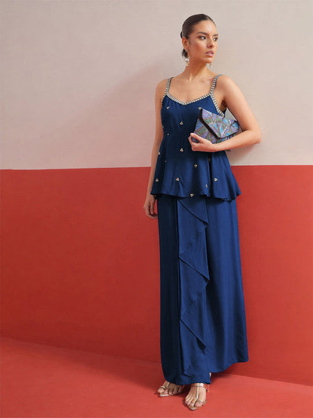 Women Blue Shadow Work Embellished Top with Palazzos Co-Ords Set VitansEthnics